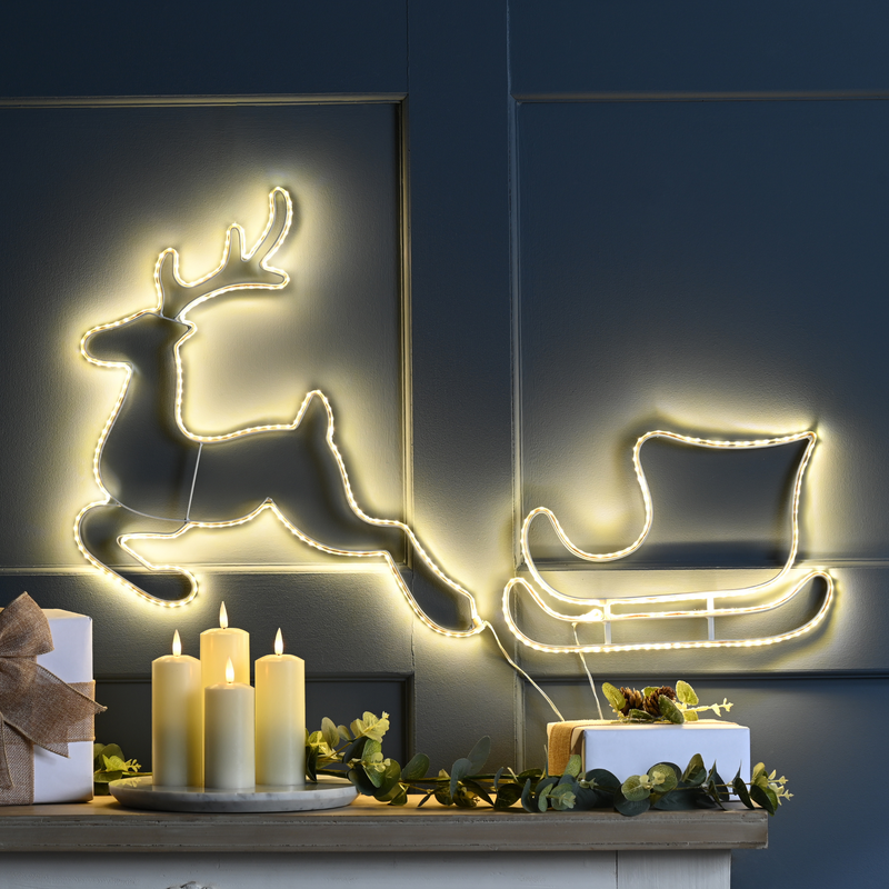 Reindeer and Sleigh Lit Hanging Wall Silhouette with 401 Warm White LED's