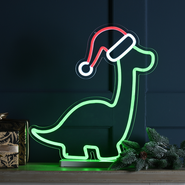 43cm Neon Effect Dinosaur with Santa Hat on Stand 210 LED's