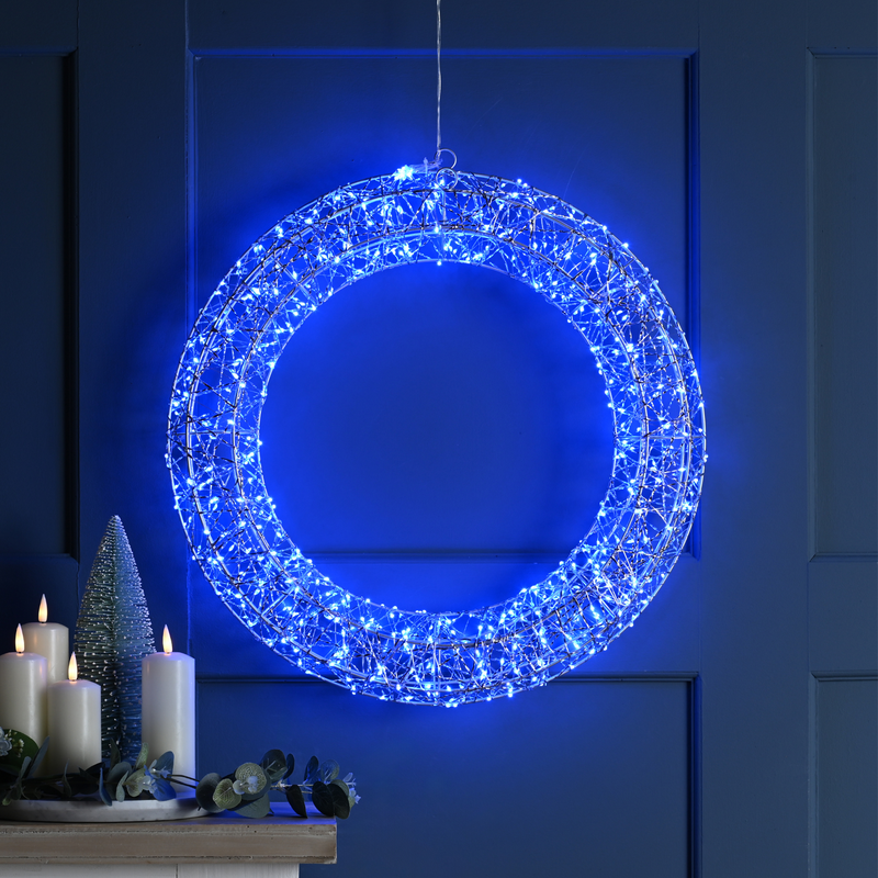 50cm Silver Shimmer Wreath with 600 Blue Twinkling LED's