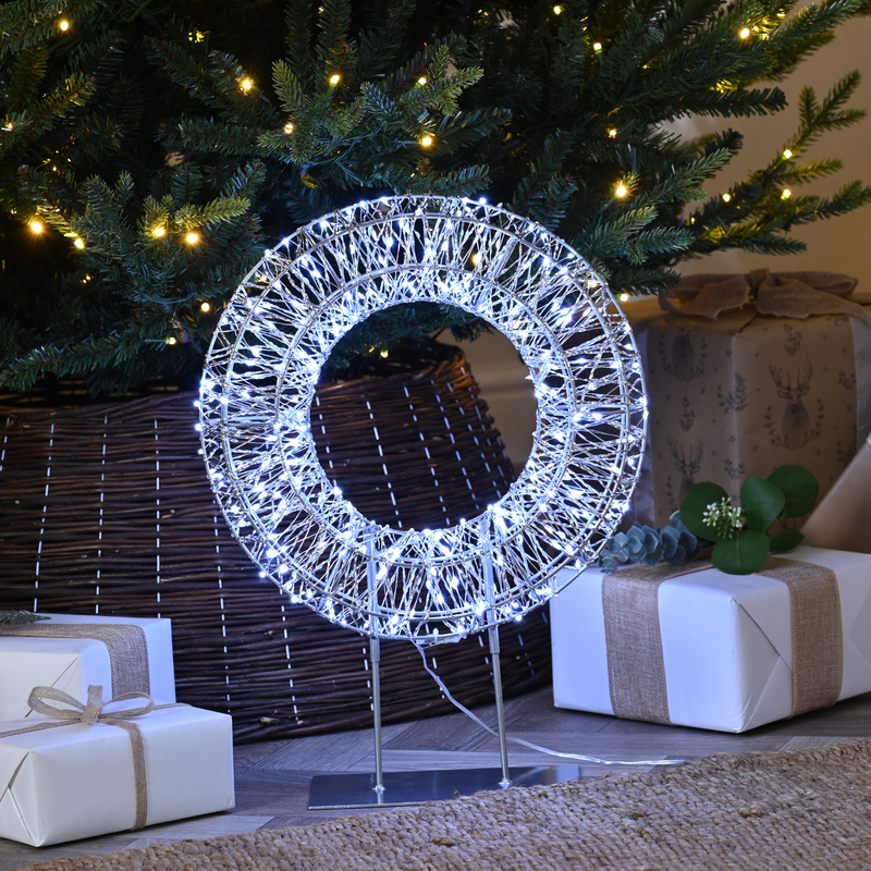 45cm Silver Shimmer Wreath on Stand with 600 White LED's