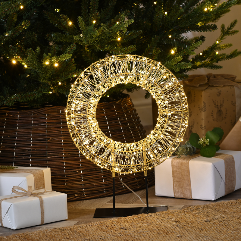45cm Gold Shimmer Wreath on Stand with 600 Warm White LED's