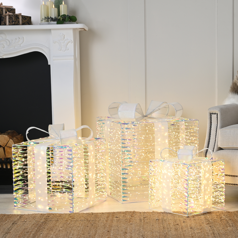 Set of 3 Large Lit Iridescent Christmas Multi Action Presents with 3,120 Warm White LED's