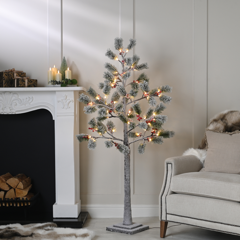5ft Lit Flocked Red Berries and Pine Cone Tree with 64 Warm White LED's