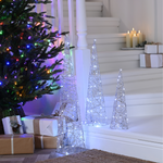 Set of 3 Battery Powered Lit Silver Shimmer Cone Trees with 90 White LED's