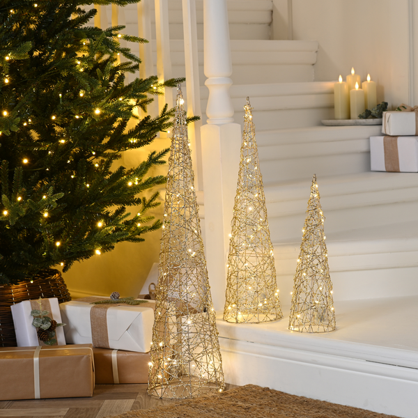 Set of 3 Battery Powered Lit Gold Shimmer Cone Trees with 90 Warm White LED's