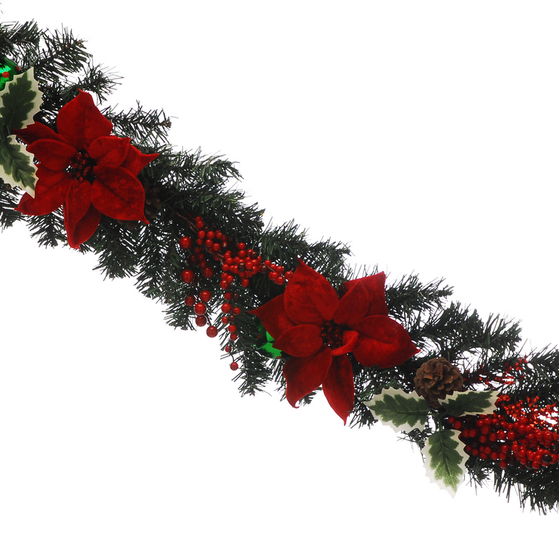 6ft Red Poinsettias Green Baubles Holly Christmas Garland