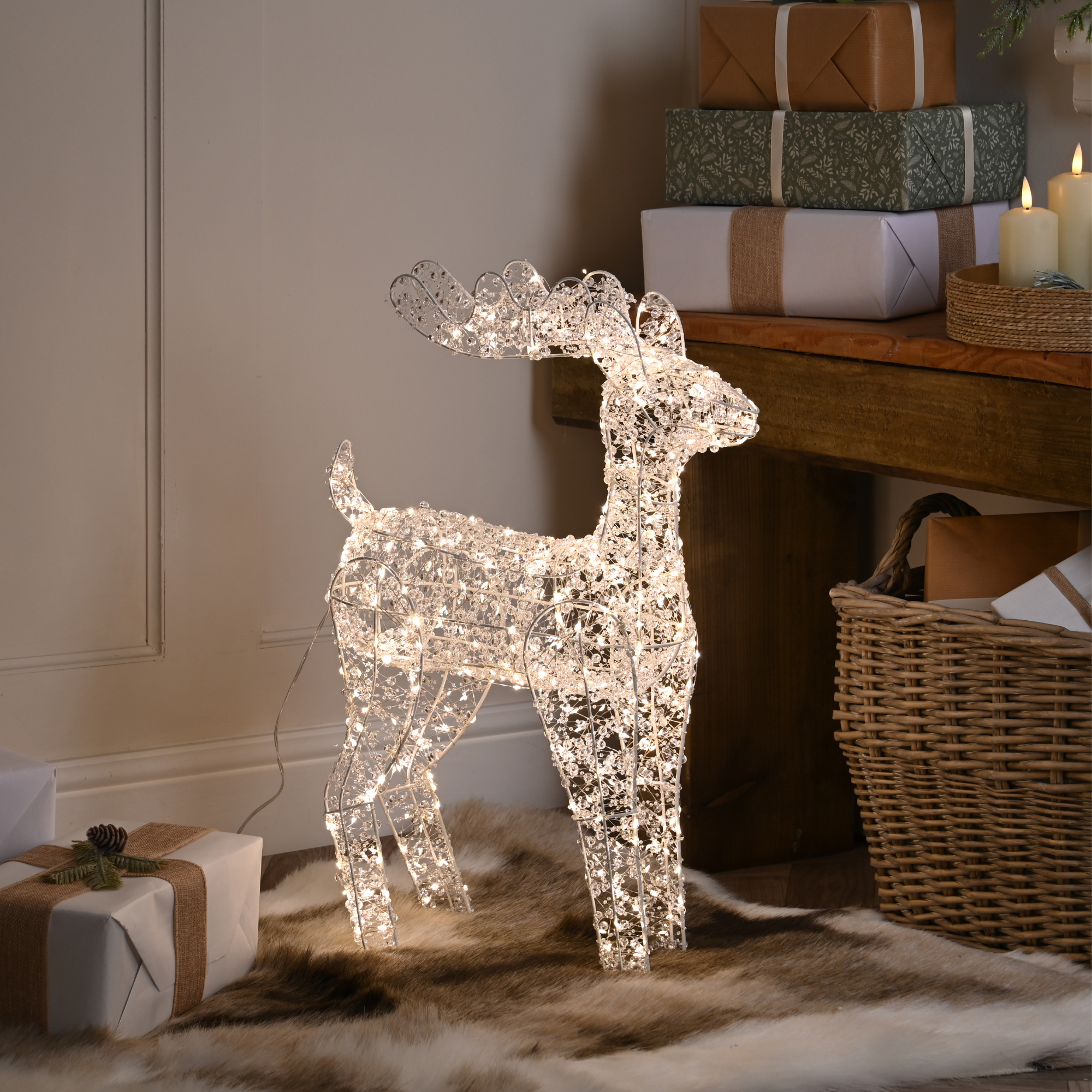 60cm Lit Clear Beaded Christmas Reindeer with 500 Warm White Micro LED