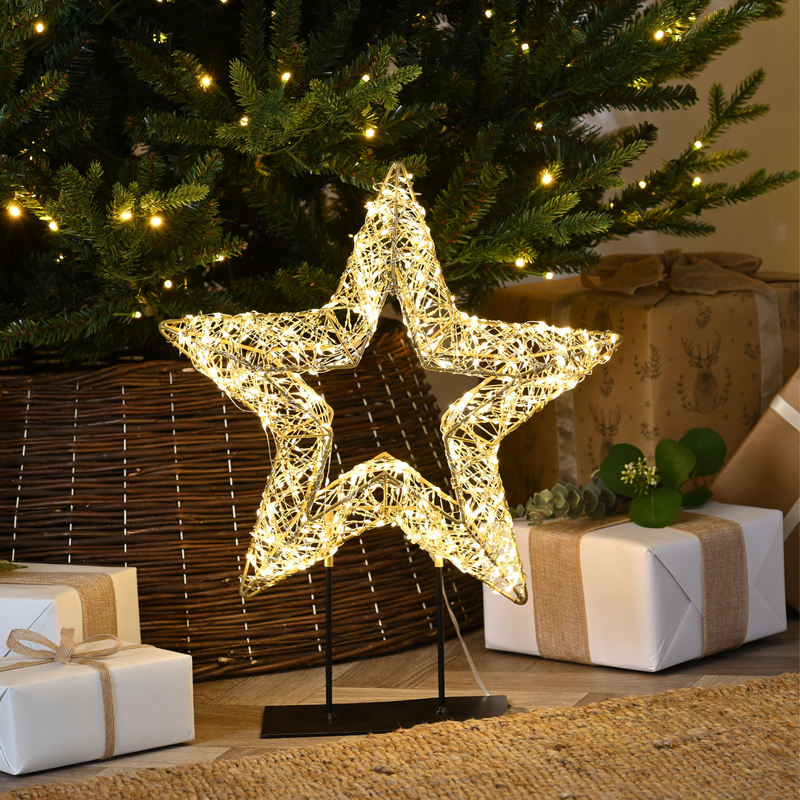 45cm Lit Gold Shimmer Star on Stand with 600 Warm White LED's