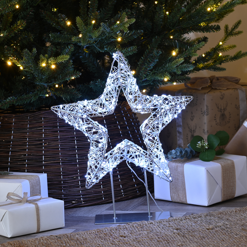 45cm Lit Silver Shimmer Star on Stand with 600 White LED's