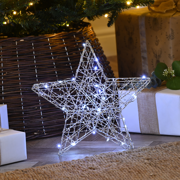 30cm Lit Silver Shimmer Star with 30 White LED's Battery Powered