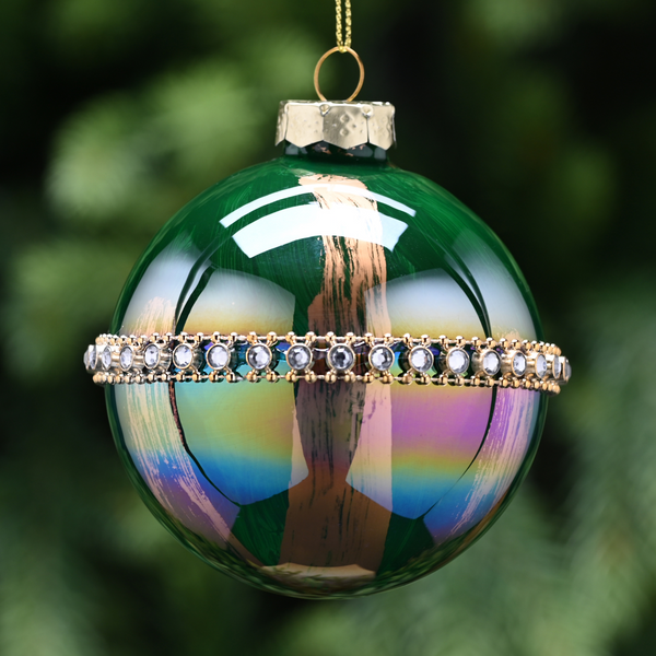 8cm Marble Effect Green Glass Ball with Gold Stone Band Christmas Tree Bauble