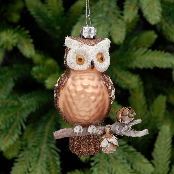 12cm Glass Owl on Branch Christmas Tree Decoration