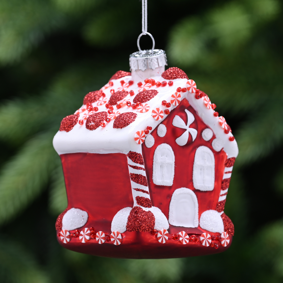 8cm Hanging Red and White Glass House Christmas Tree Decoration