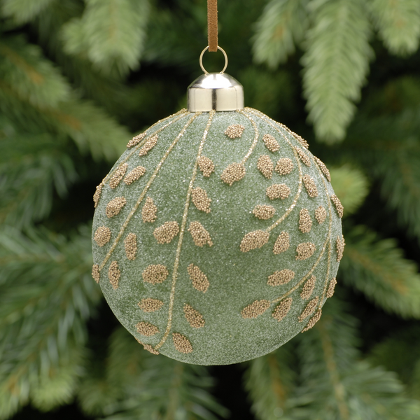 8cm Frosted Green Leaf Design Christmas Tree Bauble