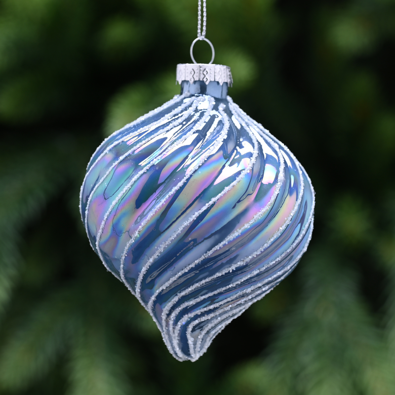 8cm Clear Blue Glass Onion Bauble with Swirl Tree Decoration