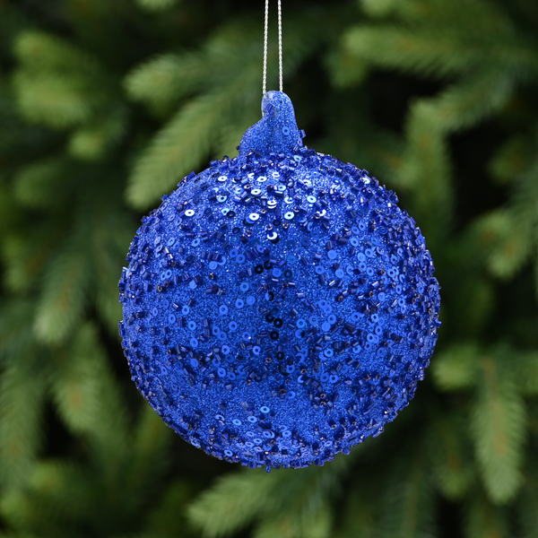 10cm Matt Navy Glass Bauble with Sequins Tree Decoration