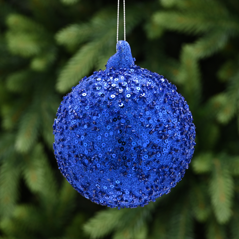 10cm Matt Navy Glass Bauble with Sequins Tree Decoration