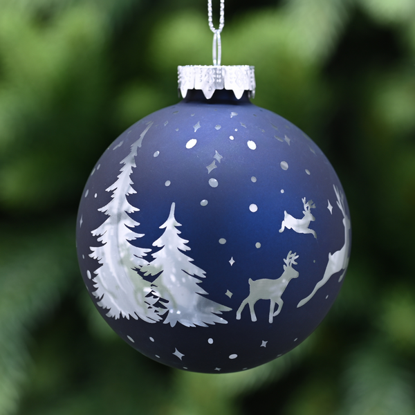 8cm Midnight Blue Glass Tree Bauble with Silver Reindeer Scene