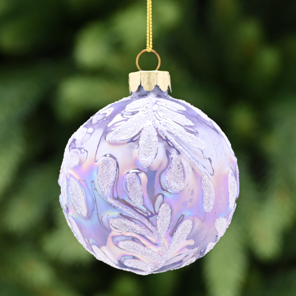 8cm Lilac Iris Glass Bauble with White Glitter Leaf Tree Decoration