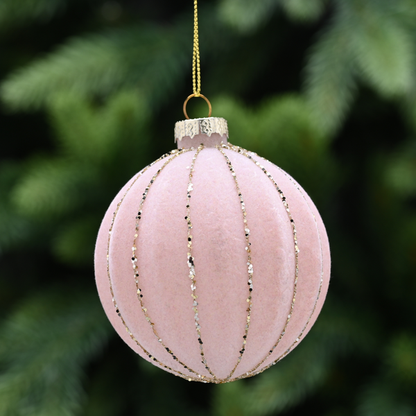 8cm Mink Felt Effect Glass Bauble with Gold Lines Tree Decoration