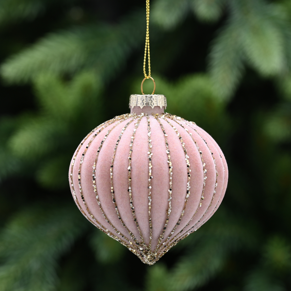 8cm Mink Felt Effect Glass Onion Bauble with Gold Lines Tree Decoration