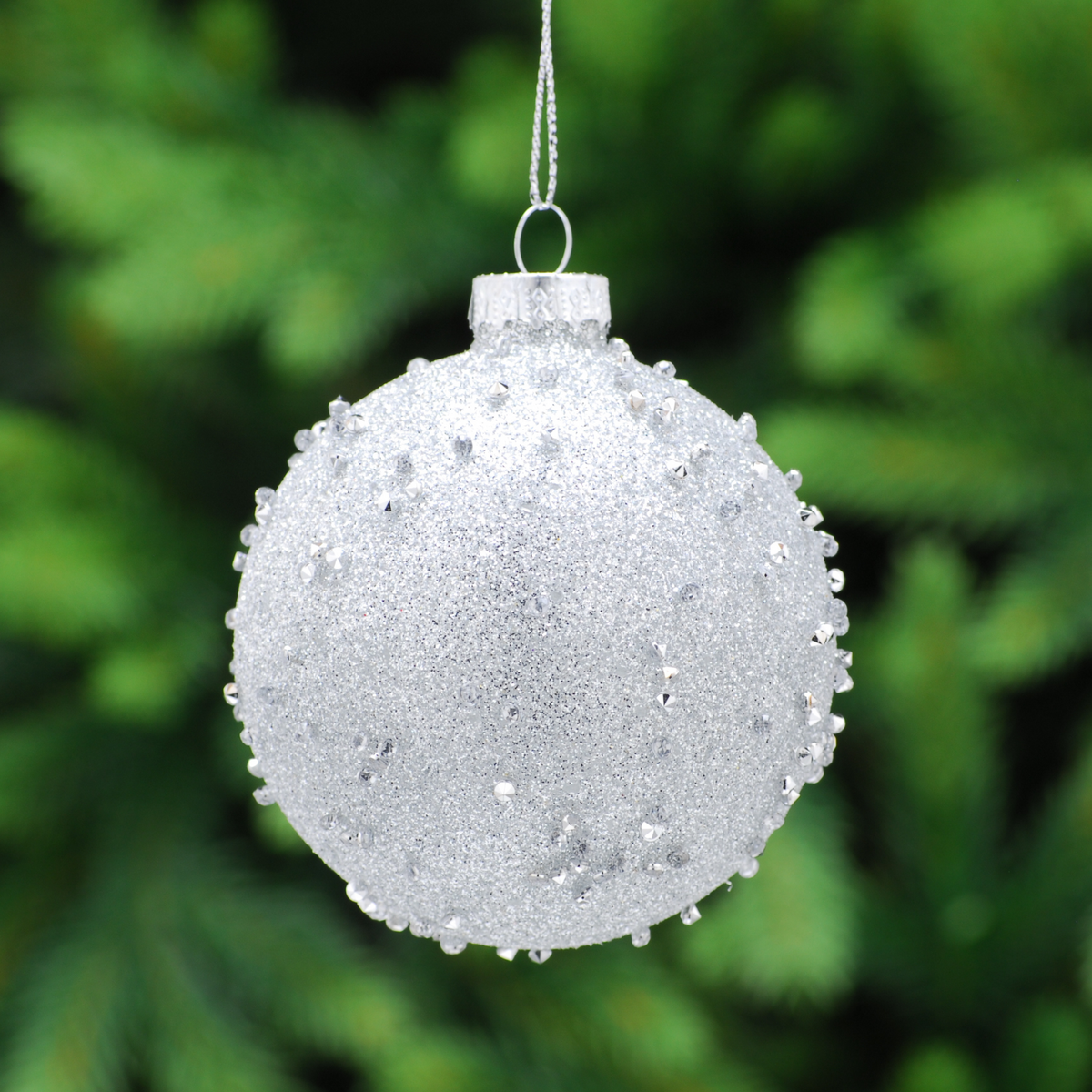 8cm Silver Encrusted Glass Bauble Tree Decoration