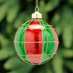 8cm Green and Red Glass Bauble with Gold Lines Tree Decoration