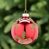 8cm Shiny Red Holly Design Glass Bauble Tree Decoration