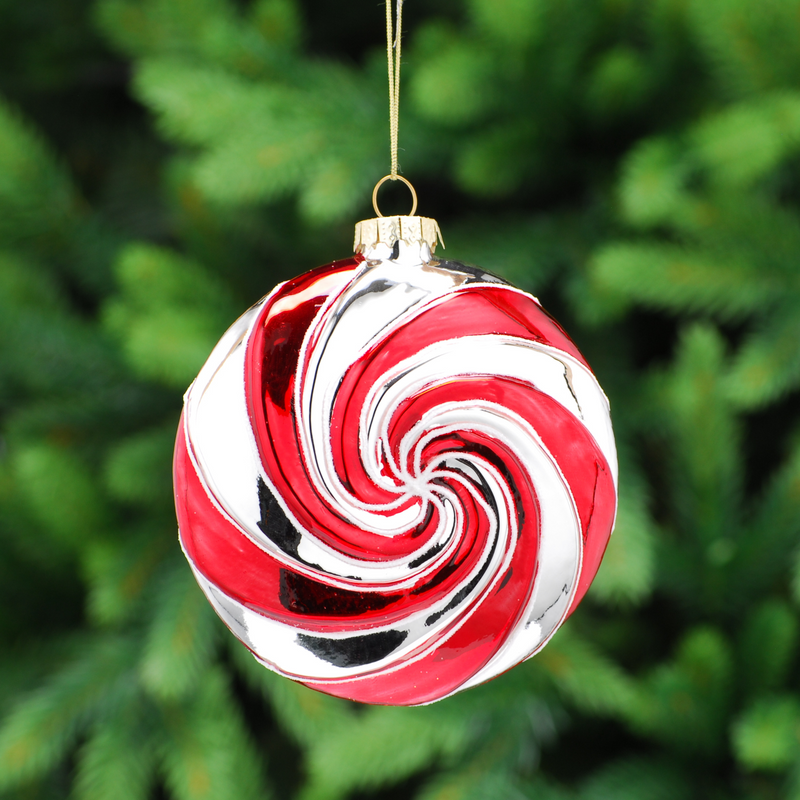 10cm Red and White Candy Cane Swirls Glass Bauble Tree Decoration