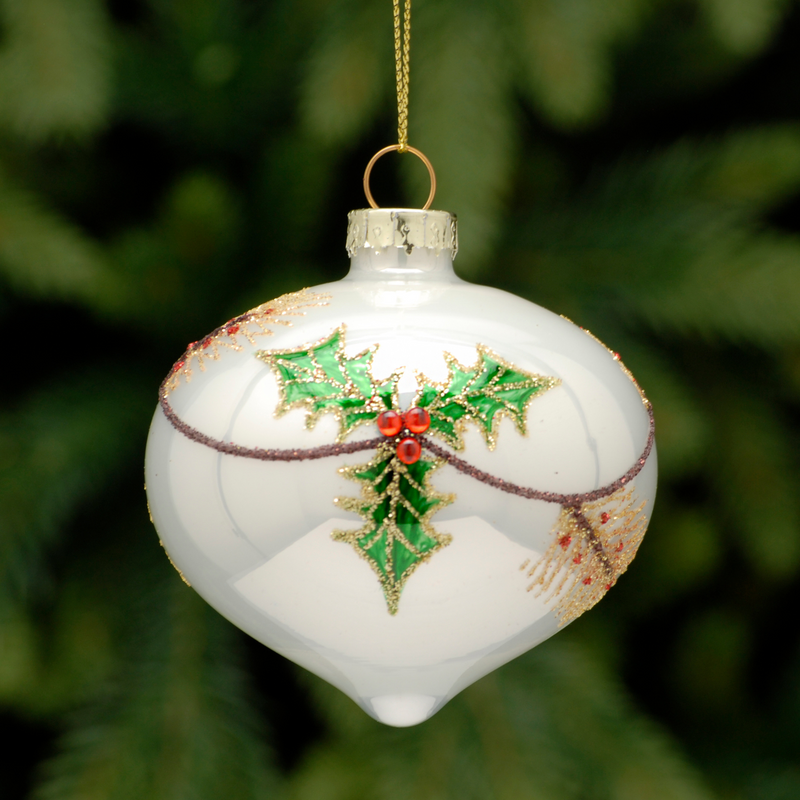8cm White Bauble with Holly Design Glass Onion Tree Decoration
