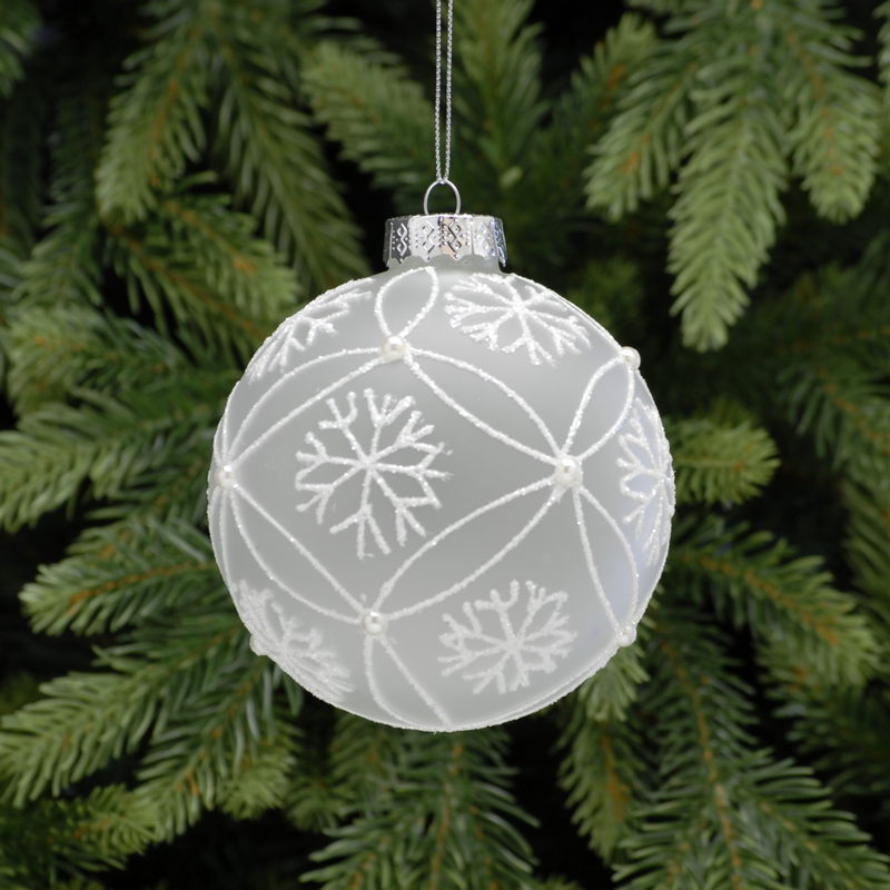 10cm Frosted Glass Bauble with Snowflake Tree Decoration