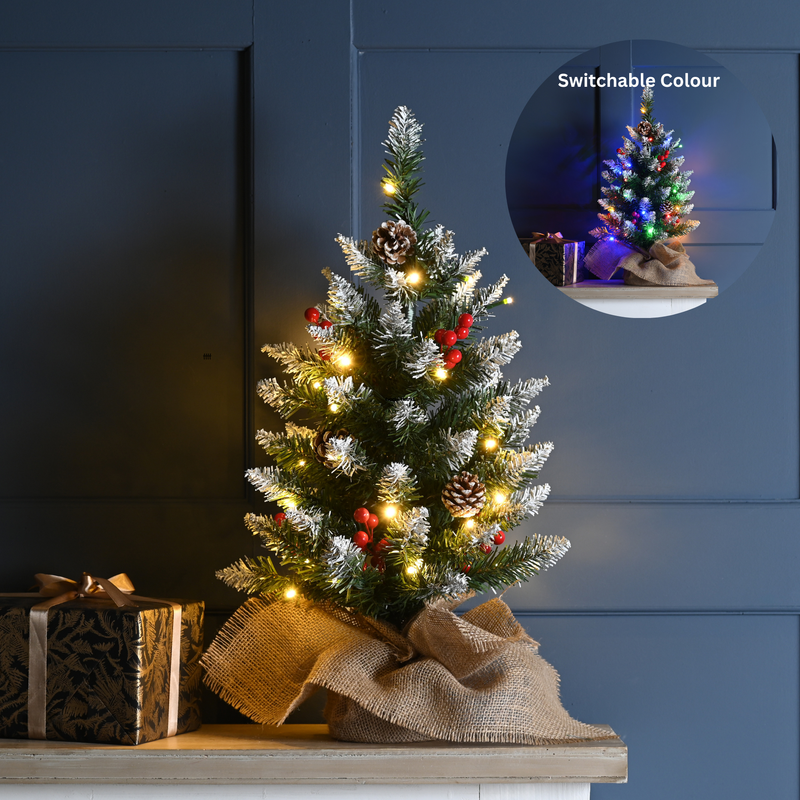 60cm Prelit Berry and Cone Table Top Christmas Tree with Warm White & Multi Coloured Lights (Switchable)