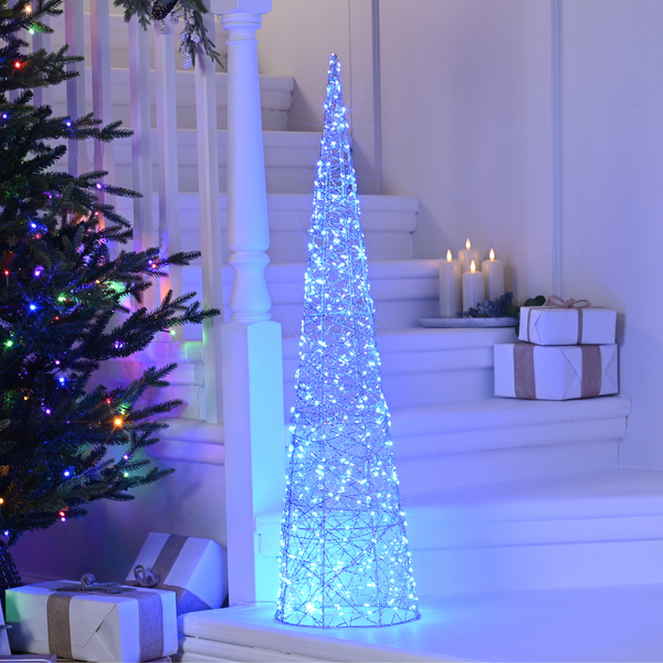 1m Large Silver Shimmer Cone with 600 Blue Twinkling LED's