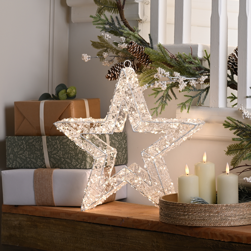 38cm Clear Beaded Star Lit with 400 Warm White LED's