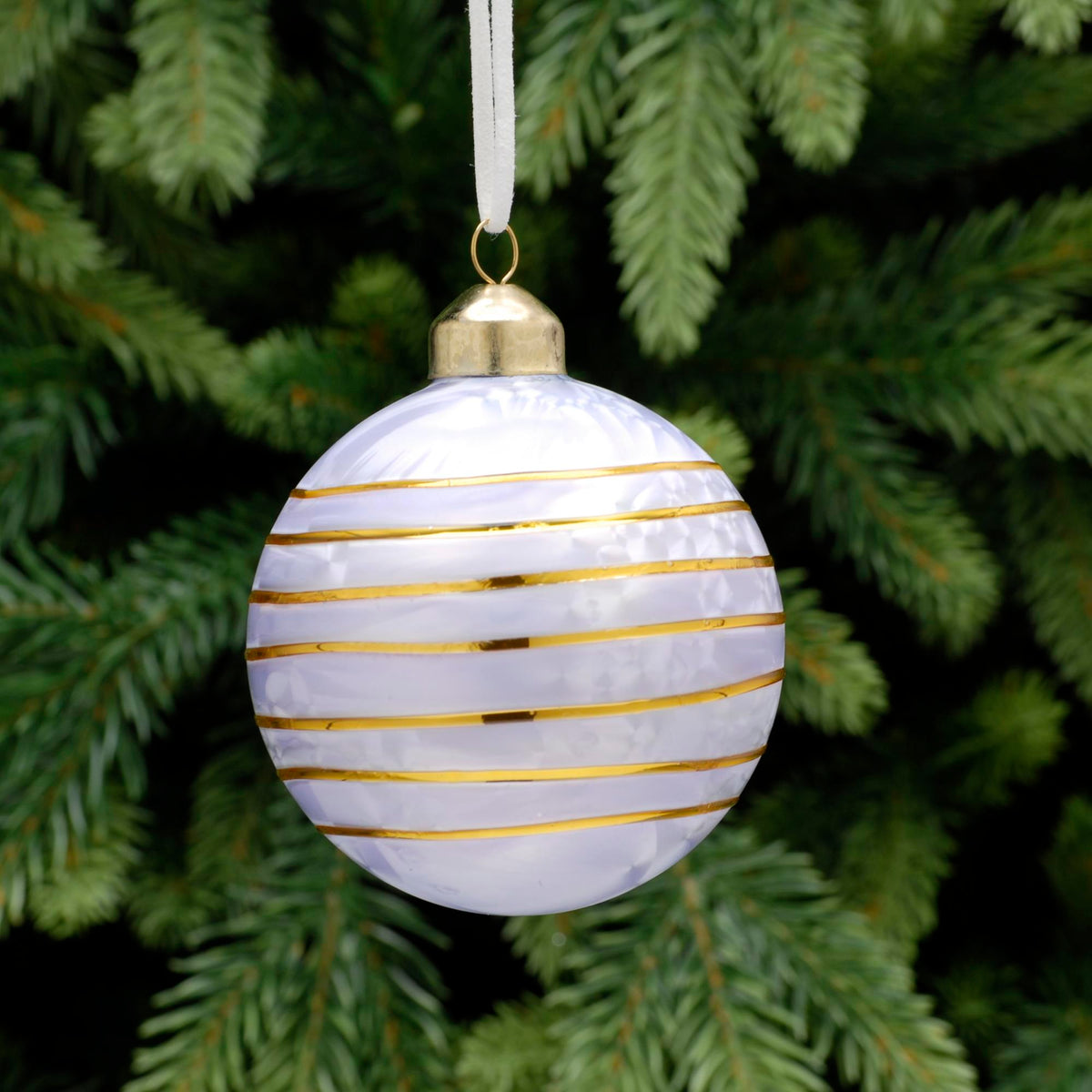 8cm Glass Frosted Lilac with Gold Swirl Line Christmas Bauble