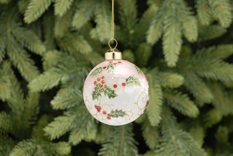 8cm White Glass Bauble with Holly Design Tree Decoration