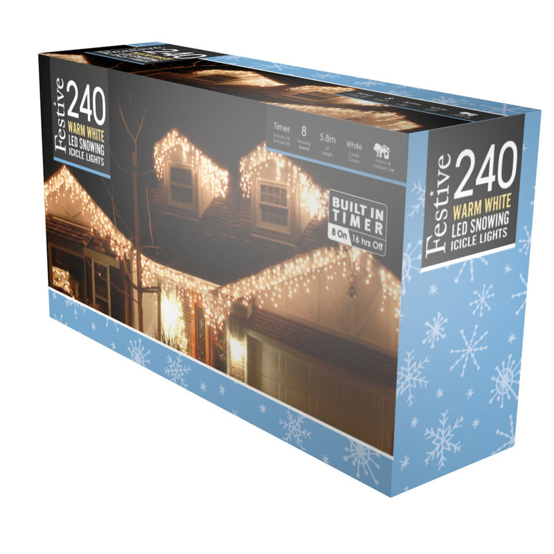 240 Warm White Snowing Icicle Timer Lights 5.8m