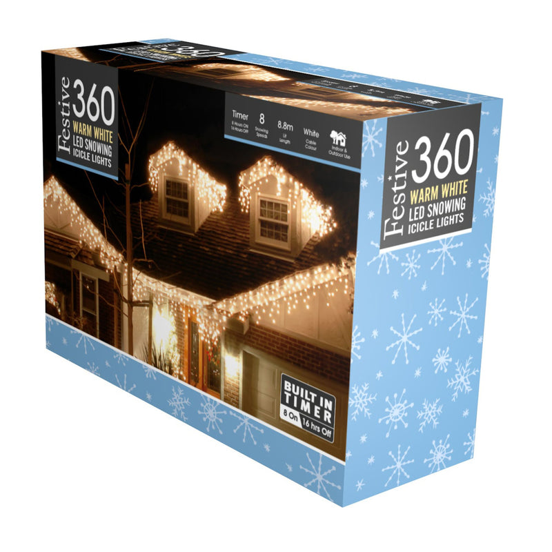 360 Warm White Snowing Icicle Timer Lights 8.8m