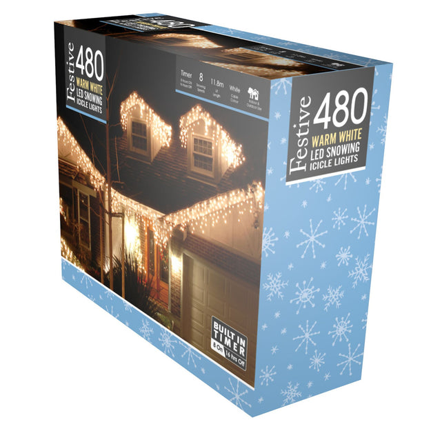 480 Warm White Snowing Icicle Timer Lights