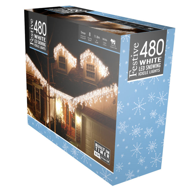 480 White Snowing Icicle Timer Lights
