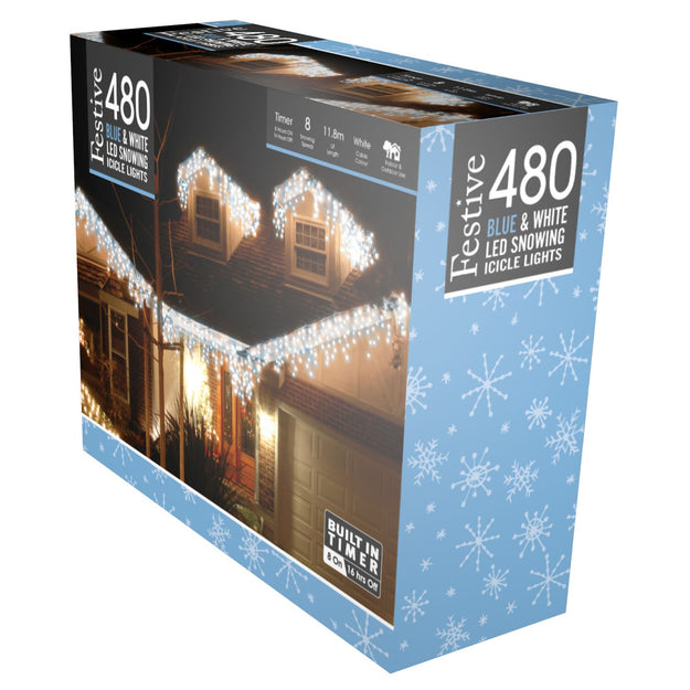 480 Blue and White Snowing Icicle Timer Lights