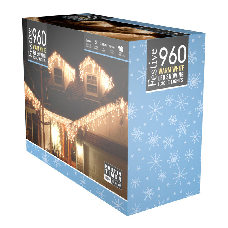 960 Warm White Snowing Icicle Timer Lights 23.8m