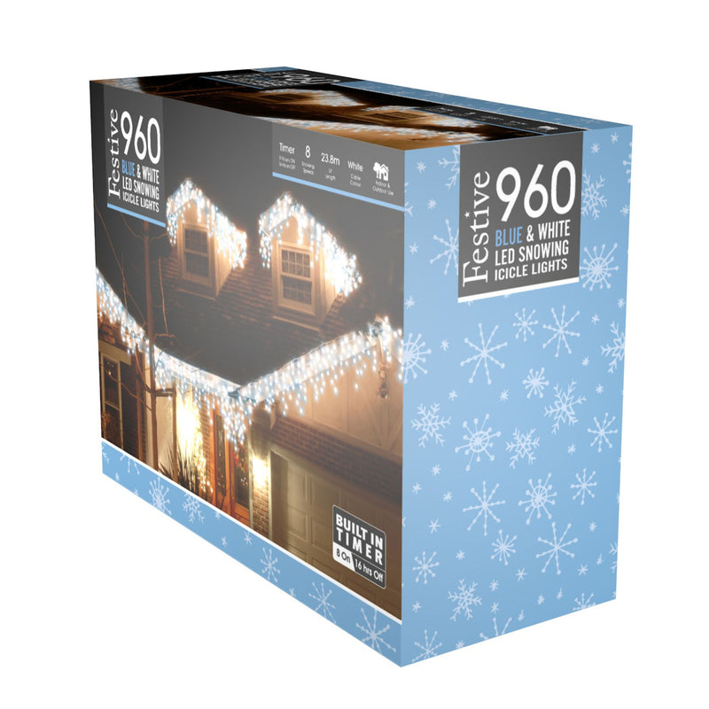 960 Blue and White Snowing Icicle Timer Lights 23.8m