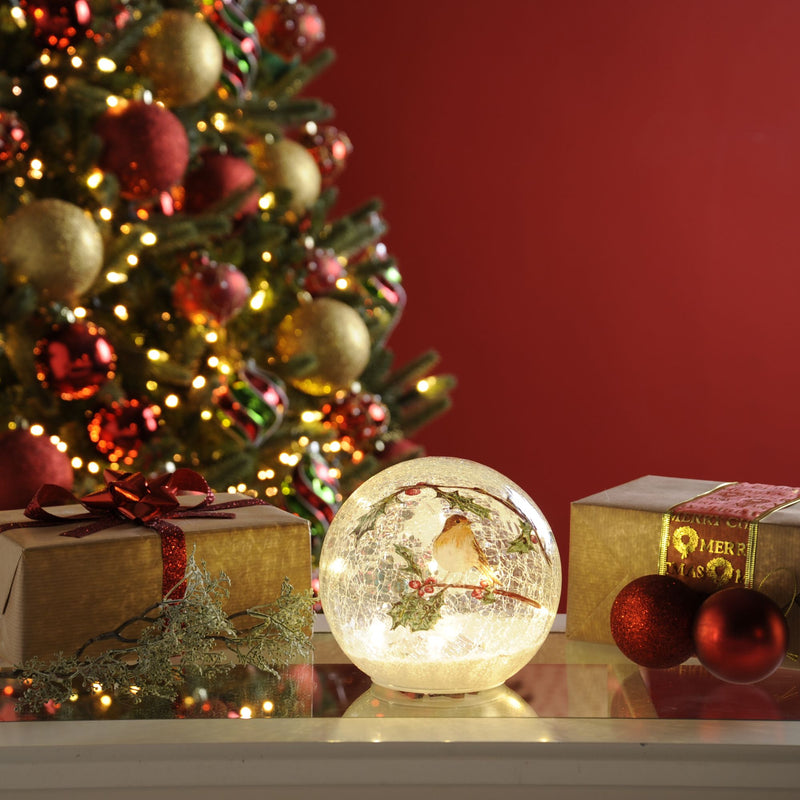 15cm Battery Operated Christmas Robin Design Crackle Effect Glass Ball