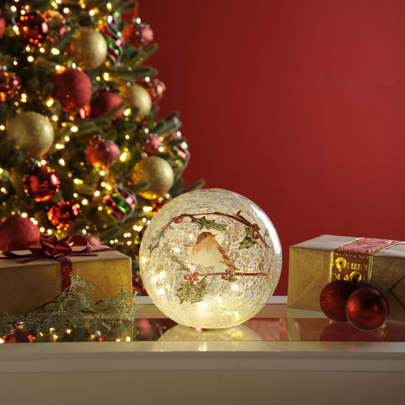 20cm Battery Operated Crackle Effect Ball with Robin Design