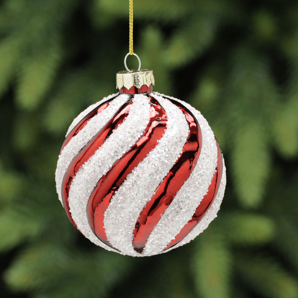 8cm Red and White Glitter Candy Cane Stripes Glass Bauble Christmas Tree Decoration