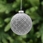 8cm Gunmetal Grey Pillow Glass Bauble with Silver Glitter Christmas Tree Decoration