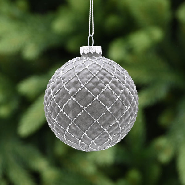 8cm Gunmetal Grey Pillow Glass Bauble with Silver Glitter Christmas Tree Decoration