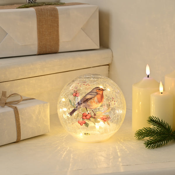 20cm Battery Operated Clear Crackle Effect Ball with Robin and Holly Design