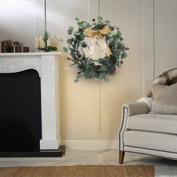 60cm Green Eucalyptus Pinecone Christmas Wreath with Hessian Bow